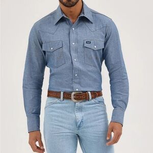 Wrangler COWBOY CUT® LONG SLEEVE WESTERN SNAP CHAMBRAY WORK SHIRT Size Large
